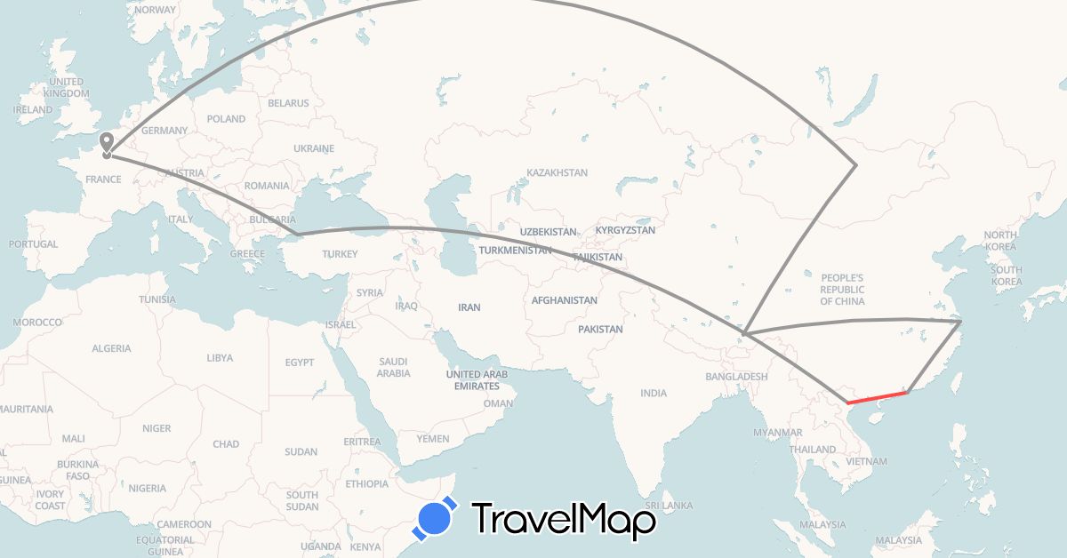 TravelMap itinerary: driving, plane, hiking in China, France, Georgia, Hong Kong, Mongolia, Turkey, Vietnam (Asia, Europe)